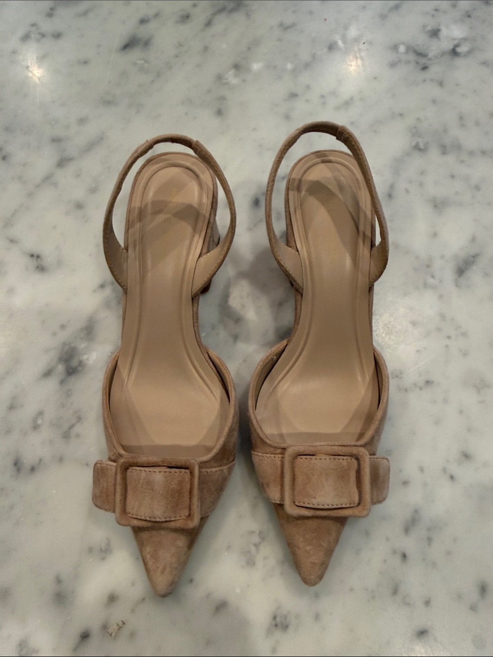 Pelle Moda Taupe Seude Pointed Slingback Heels with Buckle
